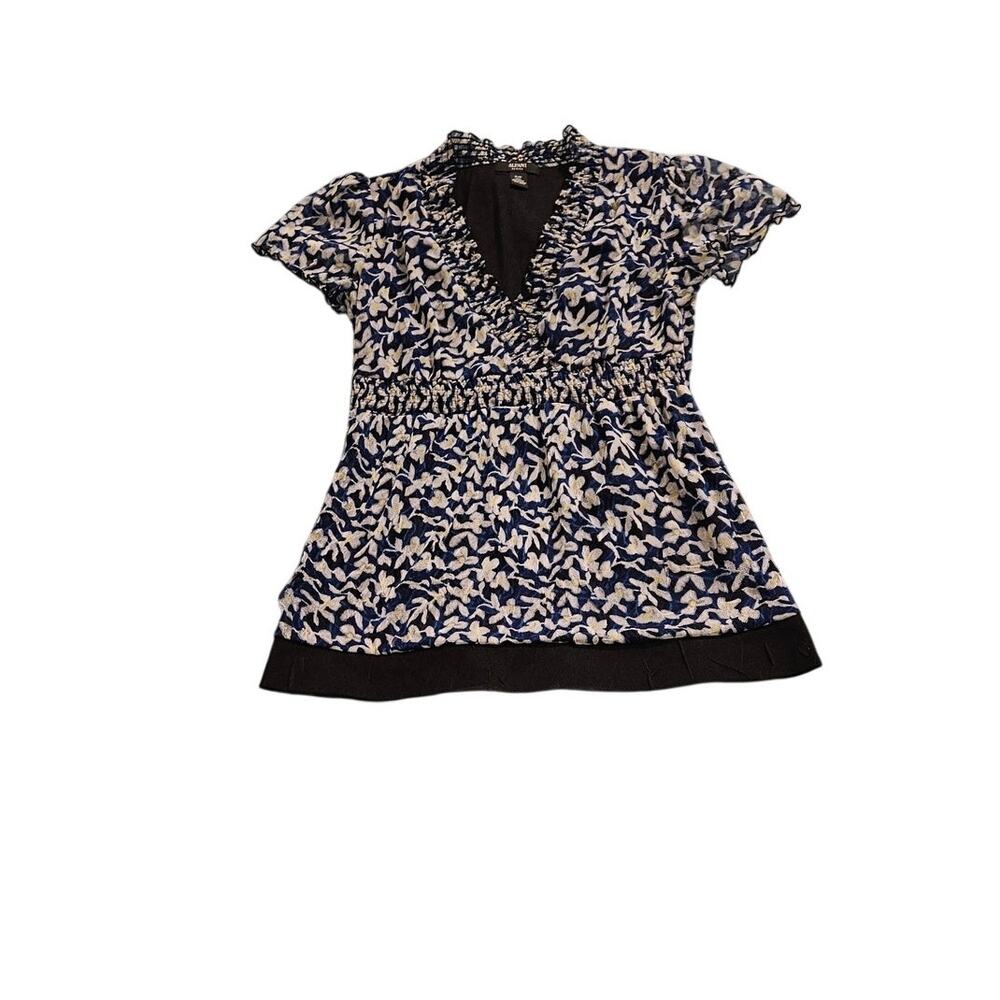 Alfani Petite P Navy Blue Floral Sheer Mesh Blouse Empire Waist - Picture 2 of 11